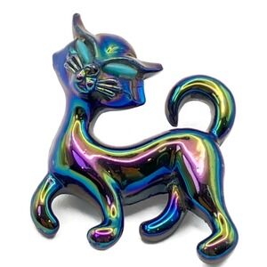 Vintage Prancing Cat Brooch Pin Multi-Color MCM Oil Slick Finish Iridescent